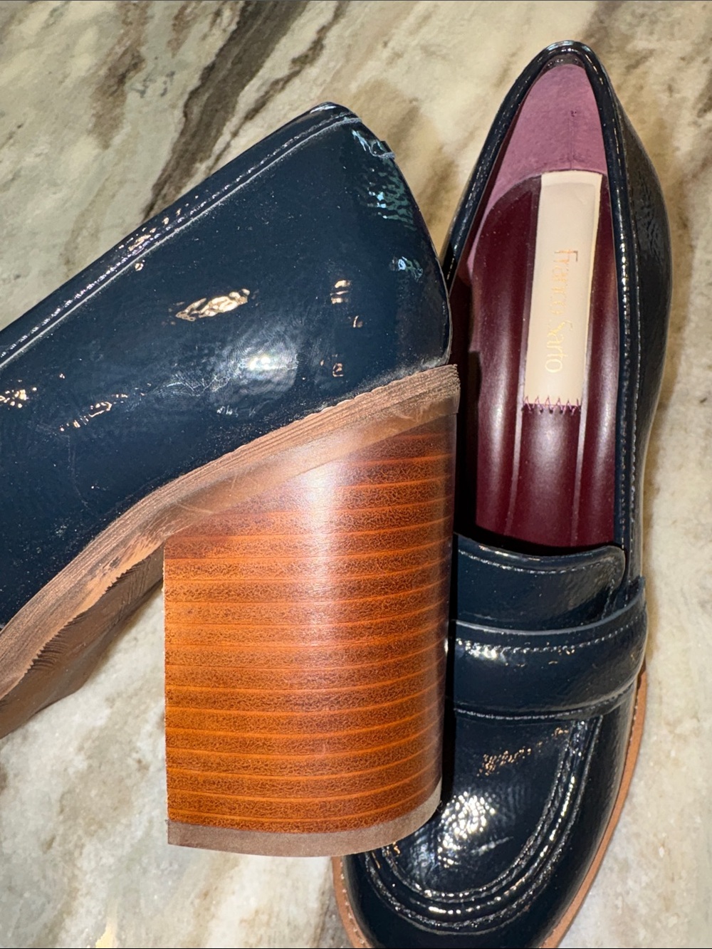 Franco Sarto Navy Patent Leather Block Heel Loafers - Picture 7 of 9